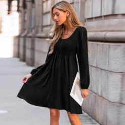 Women's Long Sleeve Smocked Black Mini Dress - Cupshe
