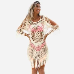 Women's Floral Crochet With Fringe Trim Cover Up Above Knee Length Beachwear- Cupshe -BLAZER GUEST aa4f7b89 bf86 40ae 9c74 574c7e7885ba