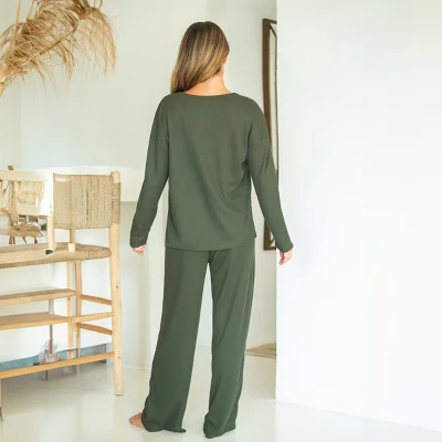 Women's Cozy Ribbed Knit Olive Green Loungewear Pajama Set - Cupshe 2 Women's Cozy Ribbed Knit Olive Green Loungewear Pajama Set - Cupshe - Image 2