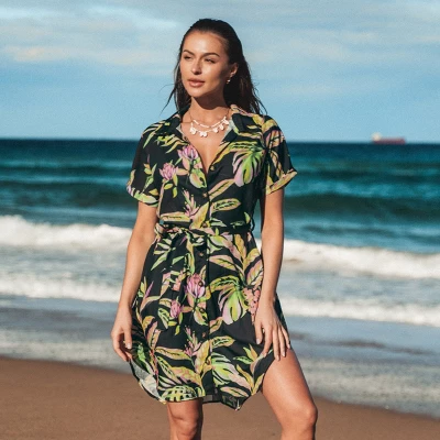 Women's Tropical Leaf Shirt Collar Dress - Cupshe 2 Women's Tropical Leaf Shirt Collar Dress - Cupshe - Image 2