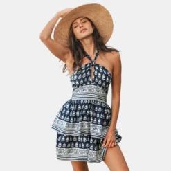 Women's Abstract Leaf Print Cutout Halter Dress - Cupshe