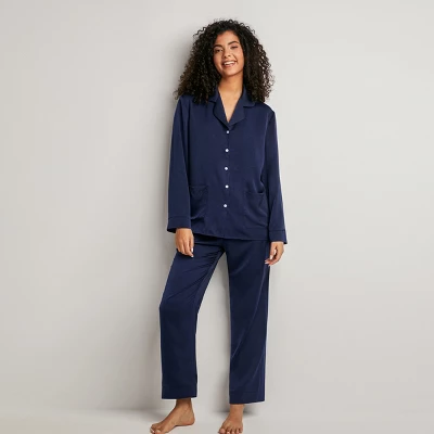 Women's Blue Satin Collared Pajama Top & Pants Set - Cupshe 7 Women's Blue Satin Collared Pajama Top & Pants Set - Cupshe - Image 7