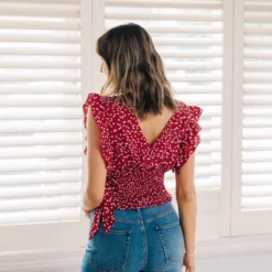 Women's Ruffle Lace Up Smocking Blouse - Cupshe