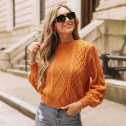 Women's Cable Knit Long Bishop Sleeve Sweater - Cupshe -BLAZER GUEST b050bb7a 47ee 4345 ab2b cabc3e188ae9