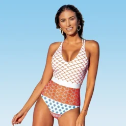 Women's Geo Print Scoop Neck One Piece Swimsuit - Cupshe -Red/White -BLAZER GUEST b15ad722 4894 4d63 aa9a 7a3eabdf98ac