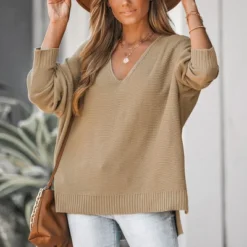 Women's V Neck Split Trim Oversized Sweater - Cupshe -Light Brown 8 Women's V Neck Split Trim Oversized Sweater - Cupshe -Light Brown -BLAZER GUEST b219a2a1 3771 4a5b 8273 5b8d440c0b38
