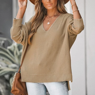 Women's V Neck Split Trim Oversized Sweater - Cupshe -Light Brown 3 Women's V Neck Split Trim Oversized Sweater - Cupshe -Light Brown - Image 3