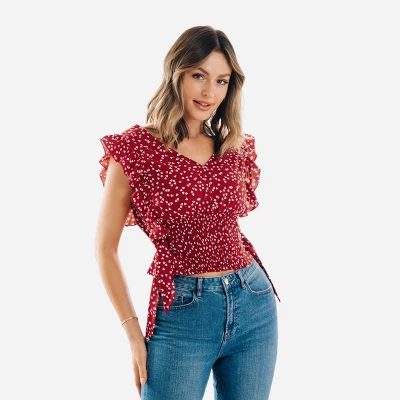 Women's Ruffle Lace Up Smocking Blouse - Cupshe 6 Women's Ruffle Lace Up Smocking Blouse - Cupshe - Image 6