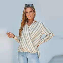 Women's Striped Surplice Neck Long Sleeve Shirt - Cupshe -BLAZER GUEST b3cfa890 2767 40b1 a73a 8a8904f6db89