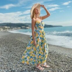 Women's Vibrant Lemon Print Maxi Dress For Beach Getaways - Cupshe