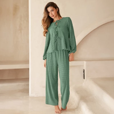 Women's Elegant Ribbed Lace-Up Loungewear Pajama Set - Cupshe 2 Women's Elegant Ribbed Lace-Up Loungewear Pajama Set - Cupshe - Image 2