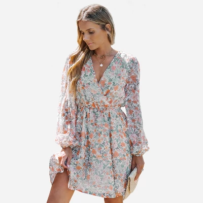 Women's Floral Long Peasant Sleeve Chiffon A-Line Mini Dress - Cupshe 6 Women's Floral Long Peasant Sleeve Chiffon A-Line Mini Dress - Cupshe - Image 6