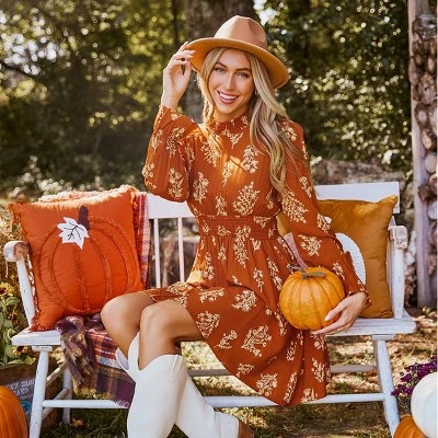 Women's Boho Burnt Orange Floral Blouson Sleeve Smocked Mini Dress - Cupshe 2 Women's Boho Burnt Orange Floral Blouson Sleeve Smocked Mini Dress - Cupshe - Image 2