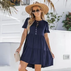 Women's Tie Neck Button-Front Babydoll Dress - Cupshe