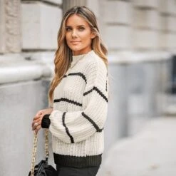 Women's Striped Mock Neck Chunky Knit Sweater - Cupshe -BLAZER GUEST b8a4d9be 8bae 4c37 af71 8ab5e97889a4