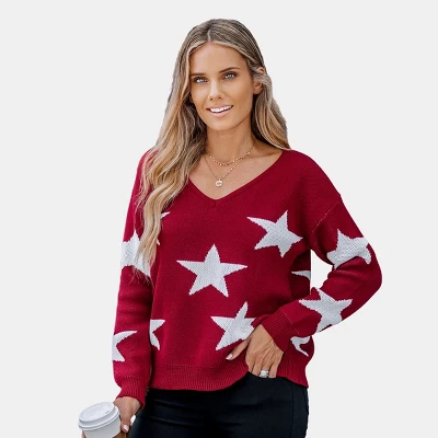 Women's Star Pattern V-Neck Drop Sleeve Sweater - Cupshe 7 Women's Star Pattern V-Neck Drop Sleeve Sweater - Cupshe - Image 7