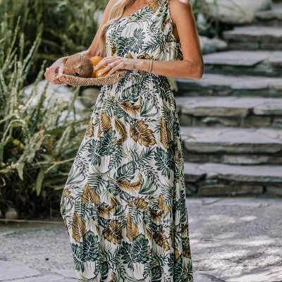 CUPSHE Women's Tropical Leaf One-Shoulder A-shape Dress 1 CUPSHE Women's Tropical Leaf One-Shoulder A-shape Dress