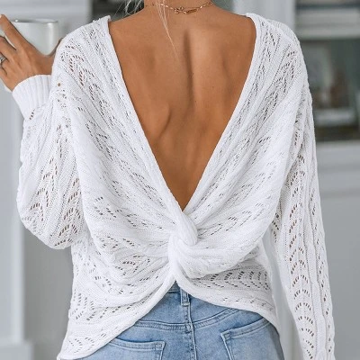 Women's Pointelle Knit Twisted-Back Sweater - Cupshe 2 Women's Pointelle Knit Twisted-Back Sweater - Cupshe - Image 2