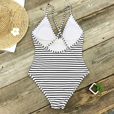 Women's Stripe Crisscross One Piece Swimsuit - Cupshe -Black/White 3 Women's Stripe Crisscross One Piece Swimsuit - Cupshe -Black/White - Image 3