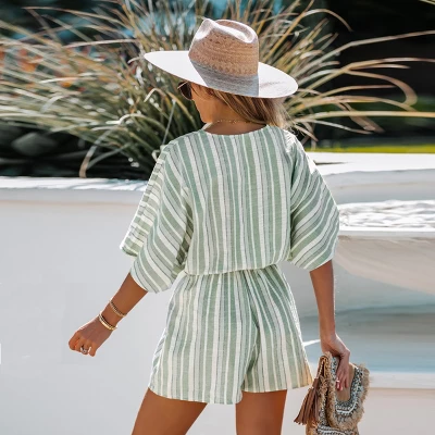 Women's Belted Surplice Neck Striped Romper - Cupshe 3 Women's Belted Surplice Neck Striped Romper - Cupshe - Image 3