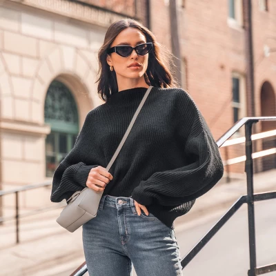 Women's Onyx Rib Bishop Sleeve Sweater - Cupshe 2 Women's Onyx Rib Bishop Sleeve Sweater - Cupshe - Image 2