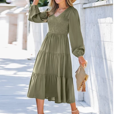 Women's V-Neck Smocked Midi Dress - Cupshe 2 Women's V-Neck Smocked Midi Dress - Cupshe - Image 2