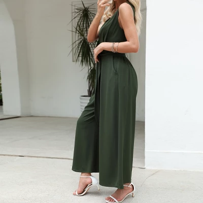Women's Green V-Neck Wide Leg Jumpsuit With Waist Tie - Cupshe 2 Women's Green V-Neck Wide Leg Jumpsuit With Waist Tie - Cupshe - Image 2
