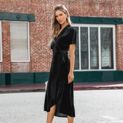 Women's Festive Ribbed Velvet Belted Midi Fall Dress -Cupshe