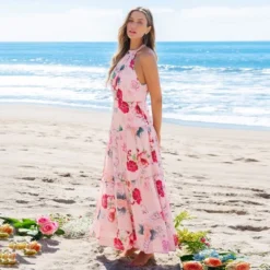 Women's Floral Halter Neck Tiered Ruffle Maxi Wedding Guest Dress -Cupshe