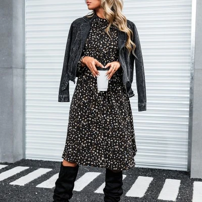Women's Long Sleeve Speckled Print A Line Midi Dress - Cupshe -Black 3 Women's Long Sleeve Speckled Print A Line Midi Dress - Cupshe -Black - Image 3