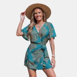 Women's Teal Leaf Print Wrap Romper With Flutter Sleeves - Cupshe -BLAZER GUEST c918f938 3d92 4a72 82b5 2029b3c40eec