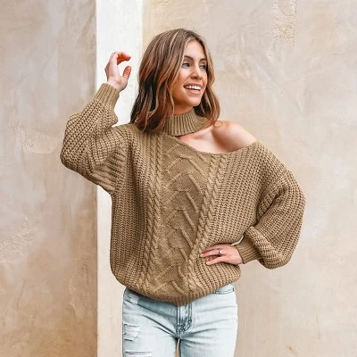 Women's Cable Knit Cutout Mock Neck Sweater - Cupshe 2 Women's Cable Knit Cutout Mock Neck Sweater - Cupshe - Image 2