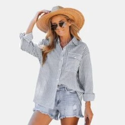 Women's Striped Flap Pocket Dropped Long Sleeve Shirt -Cupshe -BLAZER GUEST cbcff930 ccfb 4775 88a8 4bacac2c016d