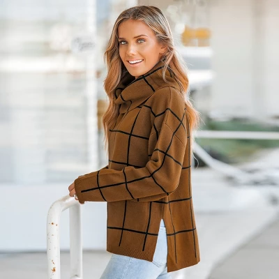 Women's Grid Print Drop Sleeve Turtleneck Sweater - Cupshe 2 Women's Grid Print Drop Sleeve Turtleneck Sweater - Cupshe - Image 2