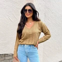 Women's Pointelle Knit V Neck Long Sleeve Sweater -Cupshe -BLAZER GUEST ce93b9e5 6b24 4f59 bfe4 2dd241e9987c