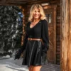 Women's Black Long Sleeve Top Faux Leather Skirt Mini Fall Dress - Cupshe