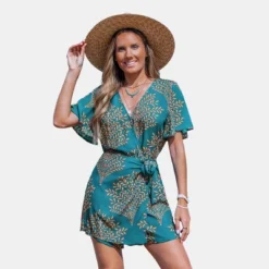 Women's Teal Leaf Print Wrap Romper With Flutter Sleeves - Cupshe -BLAZER GUEST d21c6148 a742 4842 b9bb eaaee0383f12
