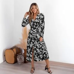 Women's Elegant Floral Print Wrap Bow Tie Maxi Dress - Cupshe