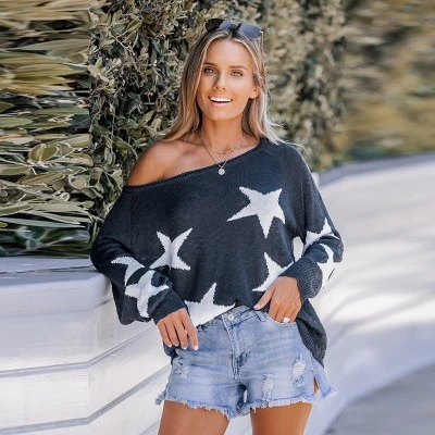 Women's Star Print One-Shoulder Sweater - Cupshe 1 Women's Star Print One-Shoulder Sweater - Cupshe