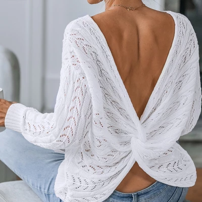 Women's Pointelle Knit Twisted-Back Sweater - Cupshe 3 Women's Pointelle Knit Twisted-Back Sweater - Cupshe - Image 3