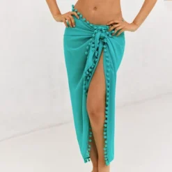 Women's Pom Pom Trim Tie Side Cover-Up Sarong - Cupshe