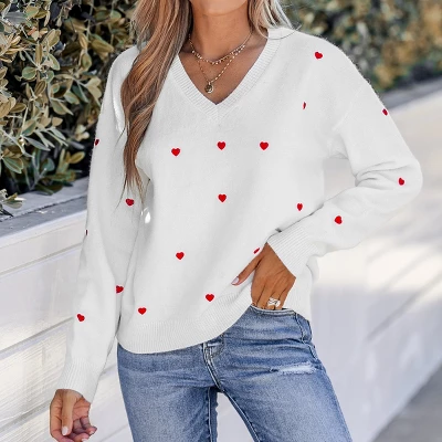 Women's Embroidered Heart V-Neck Sweater - Cupshe 2 Women's Embroidered Heart V-Neck Sweater - Cupshe - Image 2
