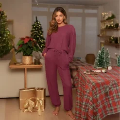 Women's Red Waffled Long Sleeves & Pants Pajama Set - Cupshe -BLAZER GUEST da6334fb 83d4 47da 8d52 de1da8f68402
