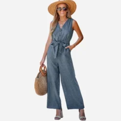 Women's Belted V-Neck Buttoned Jumpsuit - Cupshe -BLAZER GUEST dc8bb7cb ea63 437a bb69 b953d37336c5