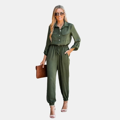 CUPSHE Women's Dark Forest Green Button-Front Jumpsuit 5 CUPSHE Women's Dark Forest Green Button-Front Jumpsuit - Image 5