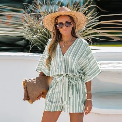 Women's Belted Surplice Neck Striped Romper - Cupshe 2 Women's Belted Surplice Neck Striped Romper - Cupshe - Image 2