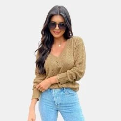 Women's Pointelle Knit V Neck Long Sleeve Sweater -Cupshe -BLAZER GUEST e31e6a94 c5ec 4f9e 94ab 8807f887fa73