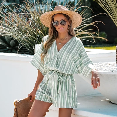 Women's Belted Surplice Neck Striped Romper - Cupshe 1 Women's Belted Surplice Neck Striped Romper - Cupshe