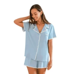 Women's Sky Blue Short Sleeve Pajama Set With Lace Trim - Cupshe -BLAZER GUEST e6c5ec67 d1de 4b75 a42a 6853c9413ea8