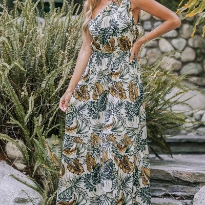 CUPSHE Women's Tropical Leaf One-Shoulder A-shape Dress 2 CUPSHE Women's Tropical Leaf One-Shoulder A-shape Dress - Image 2